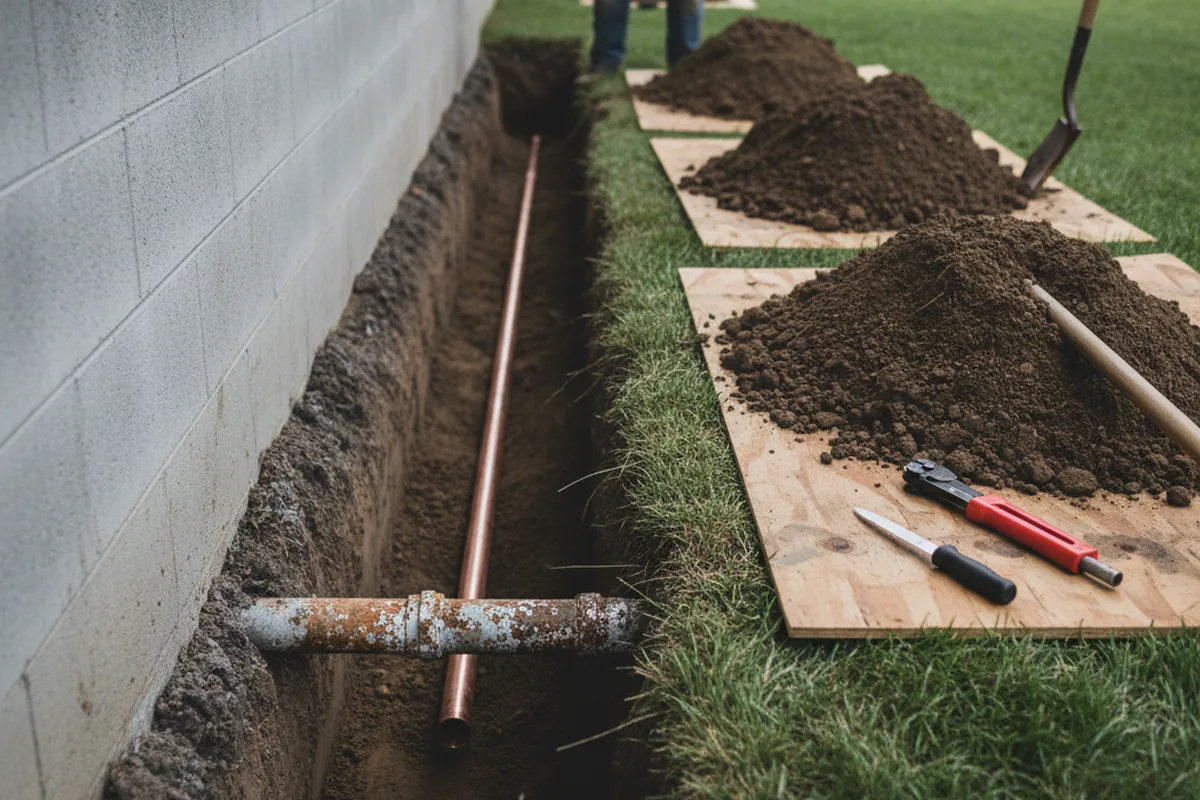 Excavated water line trench during Water Softener Installation in Axis